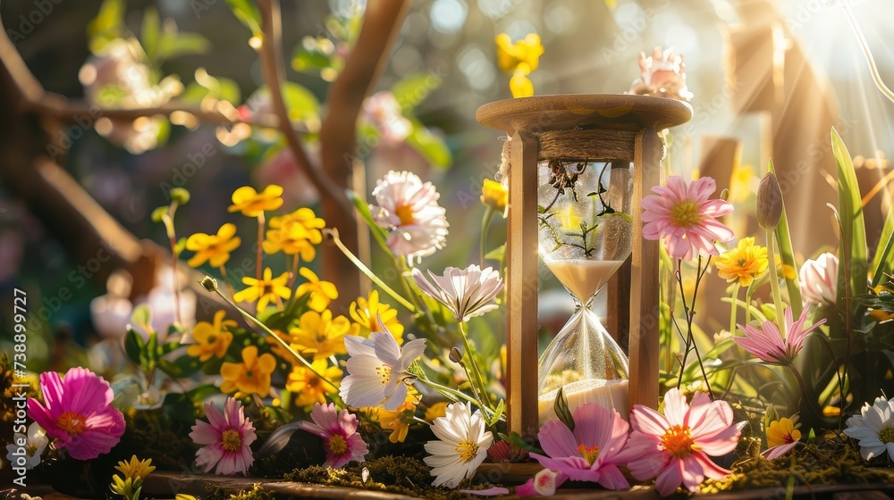 A poetic visual metaphor featuring an hourglass with sun and flowers, capturing the essence of time and the advent of spring - obrazy, fototapety, plakaty 