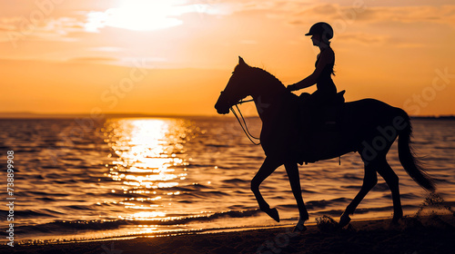 Dark silhouette of a girl on horseback on the beach at the edge of the sea at sunset.