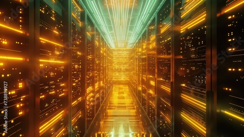 The image offers a unique bottom-up perspective of a room, meticulously equipped with rows of data servers
