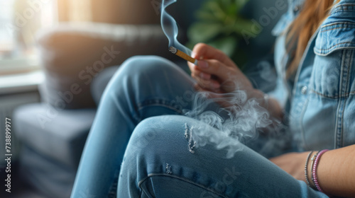 close-up of a person sitting, holding a lit cigarette, with smoke rising from it, focusing on the hands and the cigarette while the background is out of focus. photo