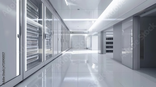 The modern interior of a server room in a data center is a high-tech hub, featuring rows of advanced servers and a network of cables