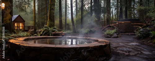 A water hot tub in deep forest. Big barrel with clean warm water outdoors nature.