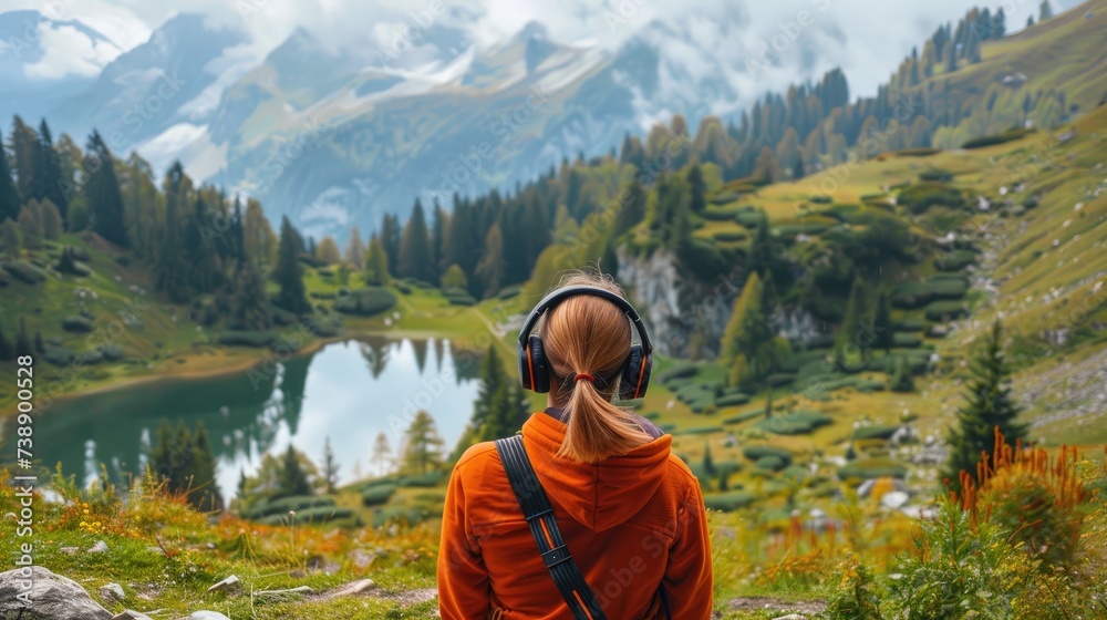 Naklejka premium Back view Woman in headphones listening music in the mountains.