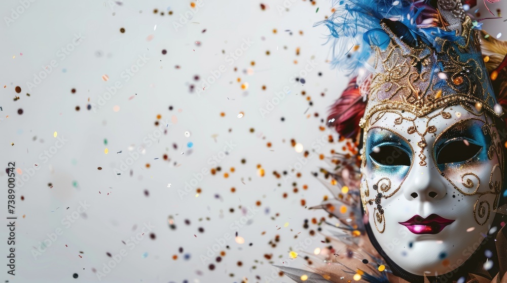 Carnival party background. Venetian mask on white background with confetti. Copy space