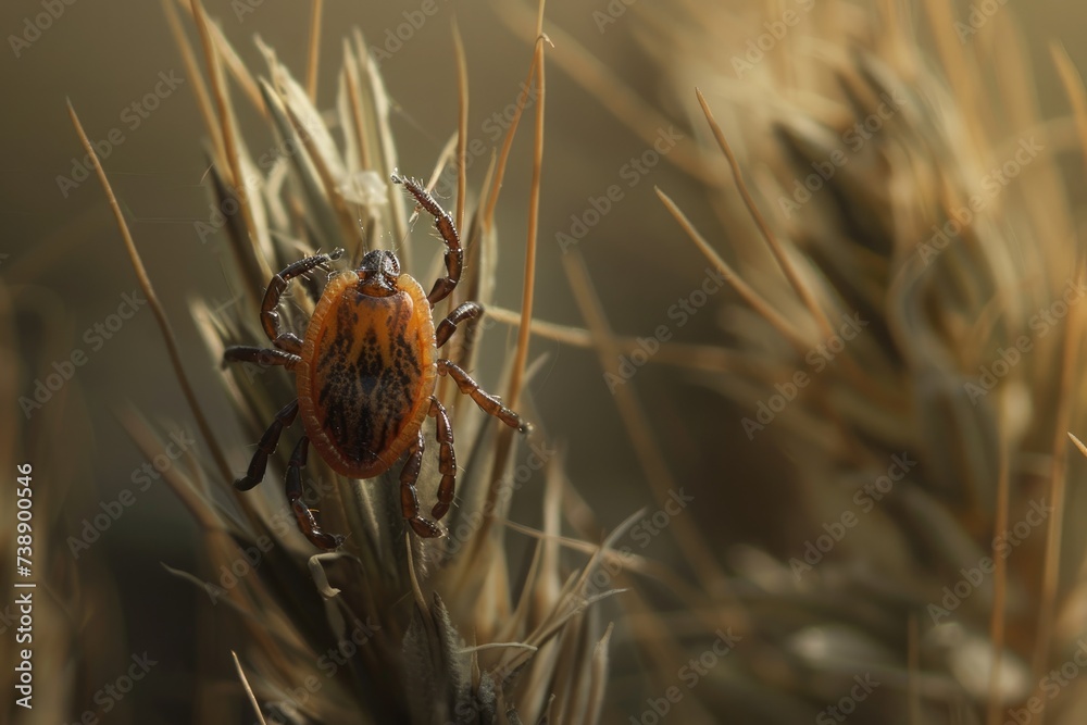 Closeup of a tick on a plant straw Closeup of a tick on a plant straw