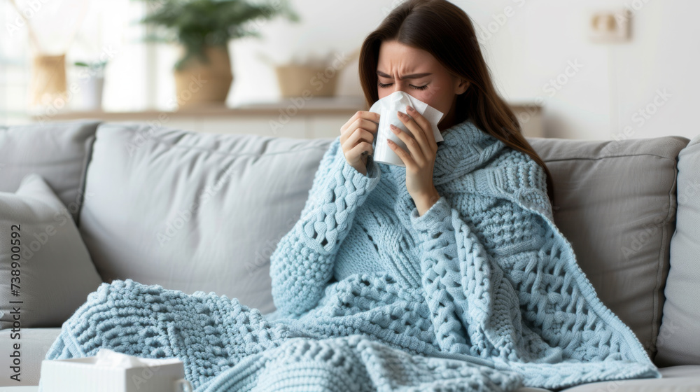 young woman wrapped in a blue knitted blanket, blowing her nose with a tissue and holding a white mug, looking unwell as if she has a cold or flu. young woman wrapped in a blue knitted blanket, blowing her nose with a tissue and holding a white mug, looking unwell as if she has a cold or flu.