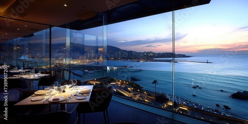 Panoramic hotel restaurant overlooking the ocean or cityscape.