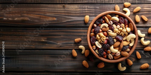 Mixed nuts and dried fruits in wooden bowl on wooden background. Healthy snack, mix of organic nuts and dry fruits photo