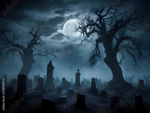 Halloween spooky night graveyard scene with bats and moon background photo