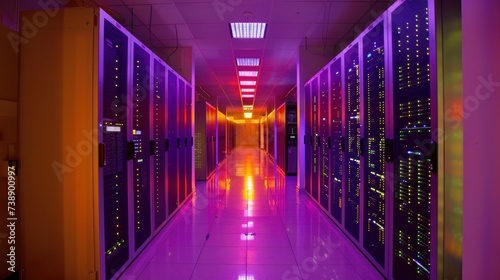 A vibrant shot captures the essence of a bustling data center corridor, lined with rack servers and supercomputers