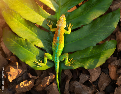 Green lizard on a leaf photo