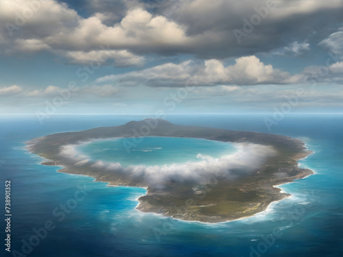 mysterious island in the middle of the sea, surrounded by wonderful beaches with storm clouds, seen from the sky