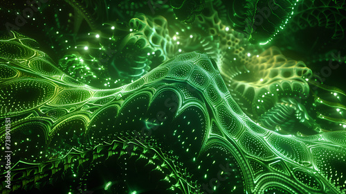 Abstract fractal neon green pattern background. Digital graphic and texture concept art. 3d illustration for wallpaper, poster, banner, design photo