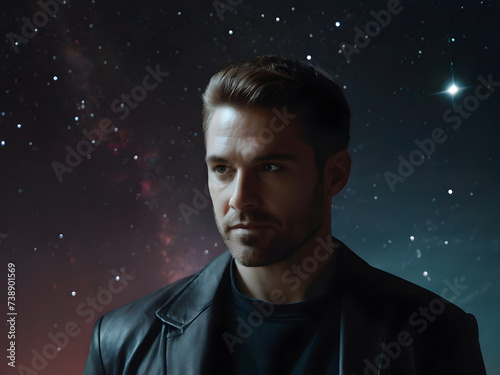 lonely gentleman with intense look, black leather jacket, with starry sky background