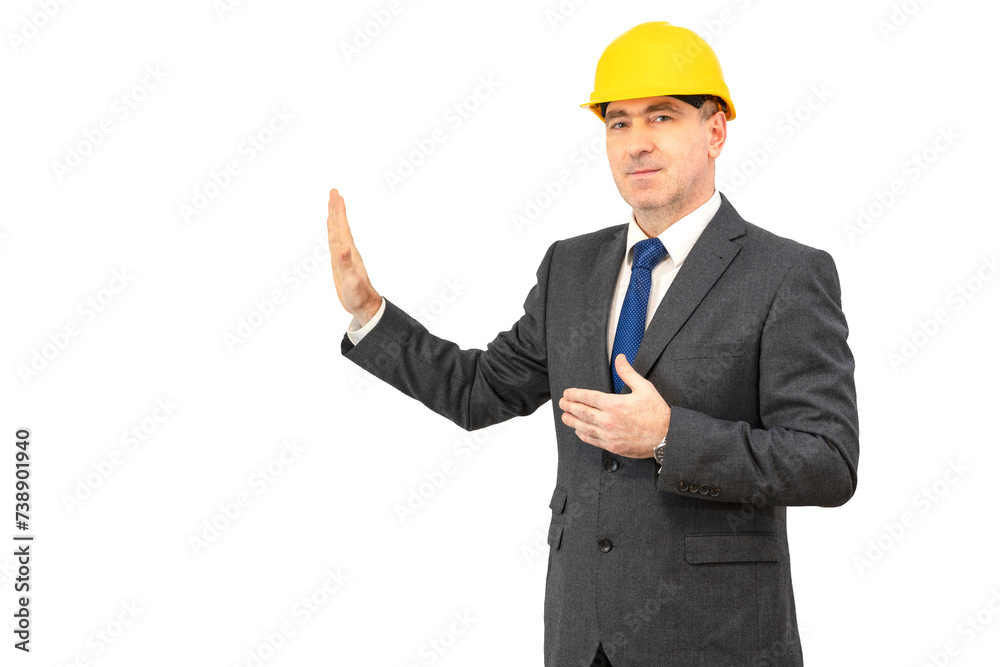 A man shows a gesture with his hands. A man builder in a suit presenting empty hands A man shows a gesture with his hands. A man builder in a suit presenting empty hands