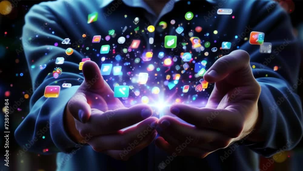 glowing social media icons fly out of hands
