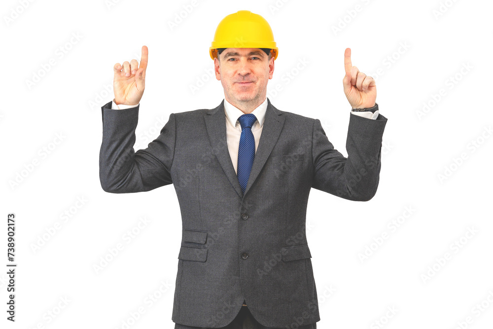 A man in a helmet shows his hands up. A builder man in a suit points up with his fingers