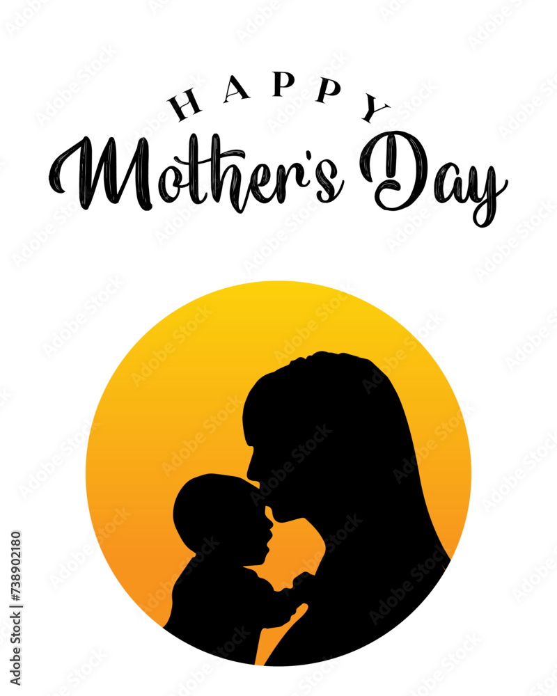 Happy Mothers Day event poster with mother and child vector illustration.