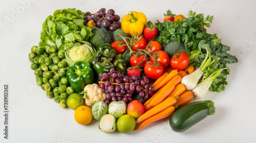 variety of colorful fruits and vegetables arranged in a semicircle on a white background, creating a visual representation of a healthy diet.