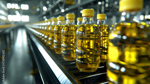 production line with a sequence of clear bottles filled with a yellow liquid, likely oil, with bright lights reflecting off the surfaces, indicating a modern manufacturing process.