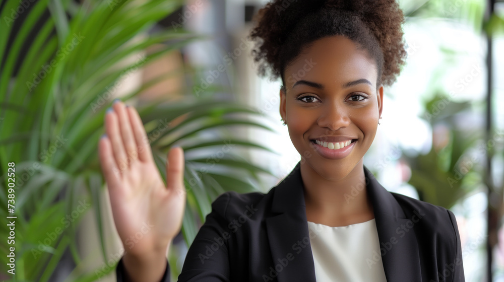 Friendly Young African American Businesswoman Waving in Office Environment Friendly Young African American Businesswoman Waving in Office Environment