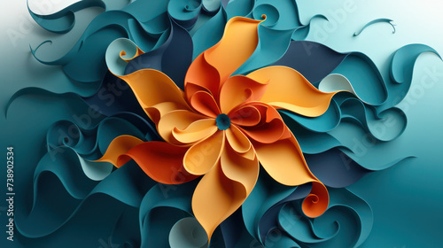 Illustration of an artistically designed peach flower and stylized decorative elements on a dominantly blue background