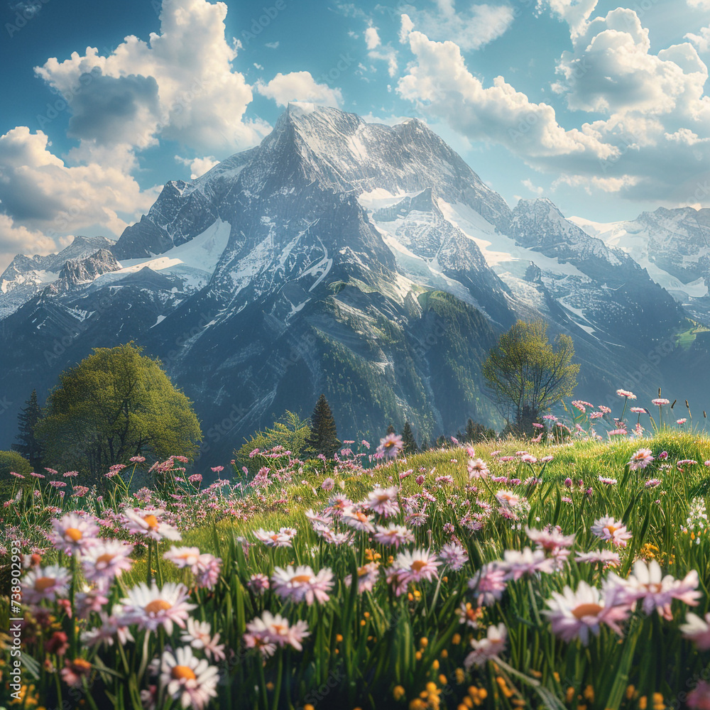 Idyllic mountain landscape of Alps with blooming meadows in springtime