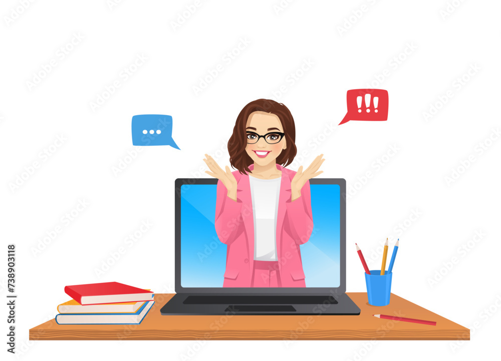 Online class with beautiful woman teacher on laptop computer screen isolated vector illustration Online class with beautiful woman teacher on laptop computer screen isolated vector illustration
