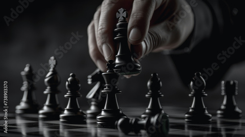 close-up view of a person's hand moving a black king chess piece during a game, signifying strategic thinking and decision-making.