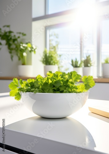 Fresh parsley in a bowl on the table in a modern kitchen. Generative AI. © Simona