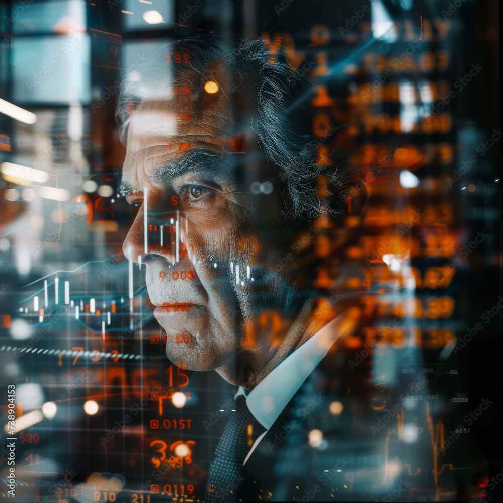 Double exposure portrait of a focused businessman with financial graphs and stock market data superimposed on his face, representing strategic analysis and decision-making. Double exposure portrait of a focused businessman with financial graphs and stock market data superimposed on his face, representing strategic analysis and decision-making.