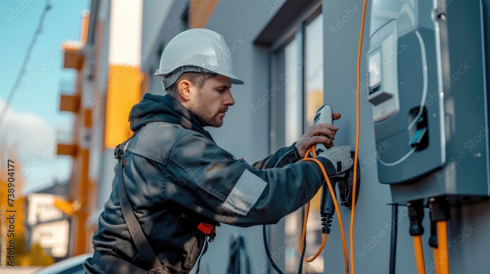 A technician in high-visibility clothing installs an electric vehicle charger, contributing to the infrastructure of sustainable transportation. AIG41 - obrazy, fototapety, plakaty 