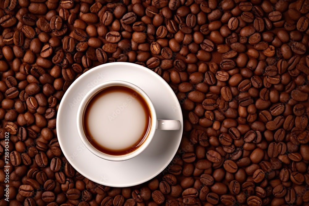 Fototapeta premium Coffee Cup and Coffee Beans, Espresso Coffeecup on Brown Coffe Grains Background, White Coffee Mug