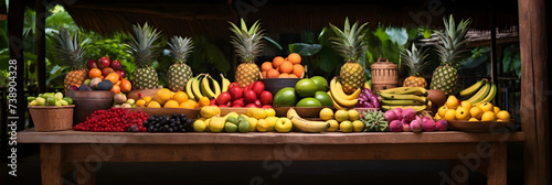 Exotic Delights: A Vibrantly Loaded Tropical Fruit Stand Amidst Lush Greenery