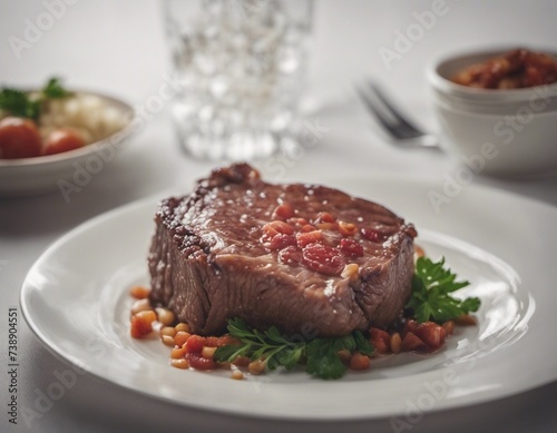 Delicious Steak with Vegetables and Herbs on White Plate 