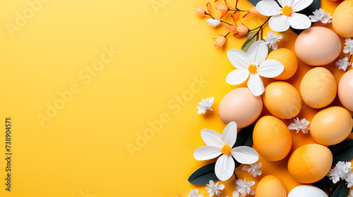 Easter eggs and flowers on yellow background. Top view with copy space. Greeting card on an Easter theme. Happy Easter concept.