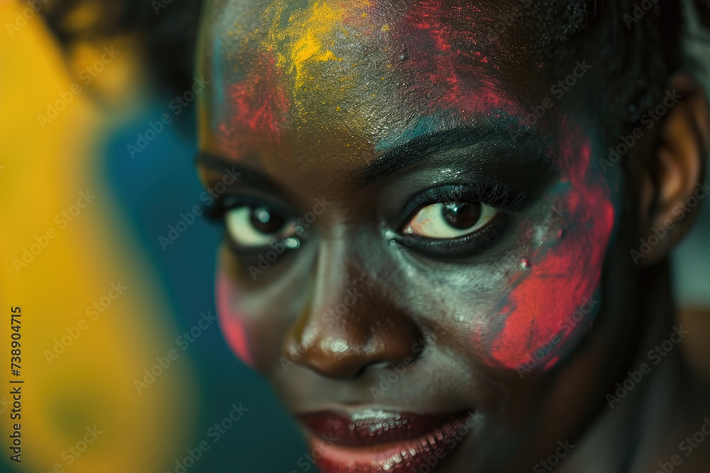 Stunning Black Woman with Powder Painted Face, Pan African Colors
