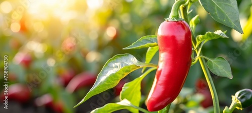 Ripe red chili pepper growing on bush in greenhouse, organic agriculture concept with copy space photo