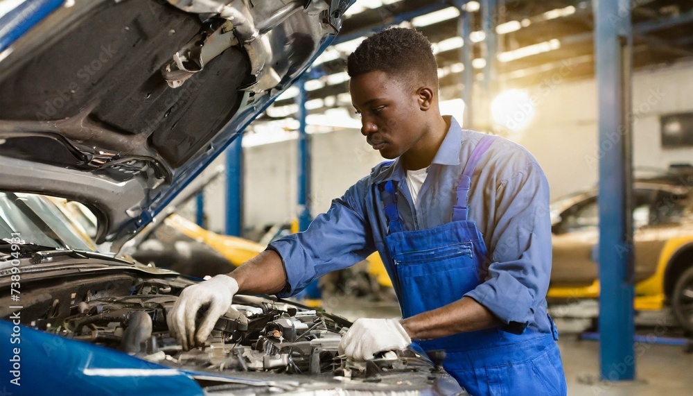 Car mechanic working on car engine under open hood