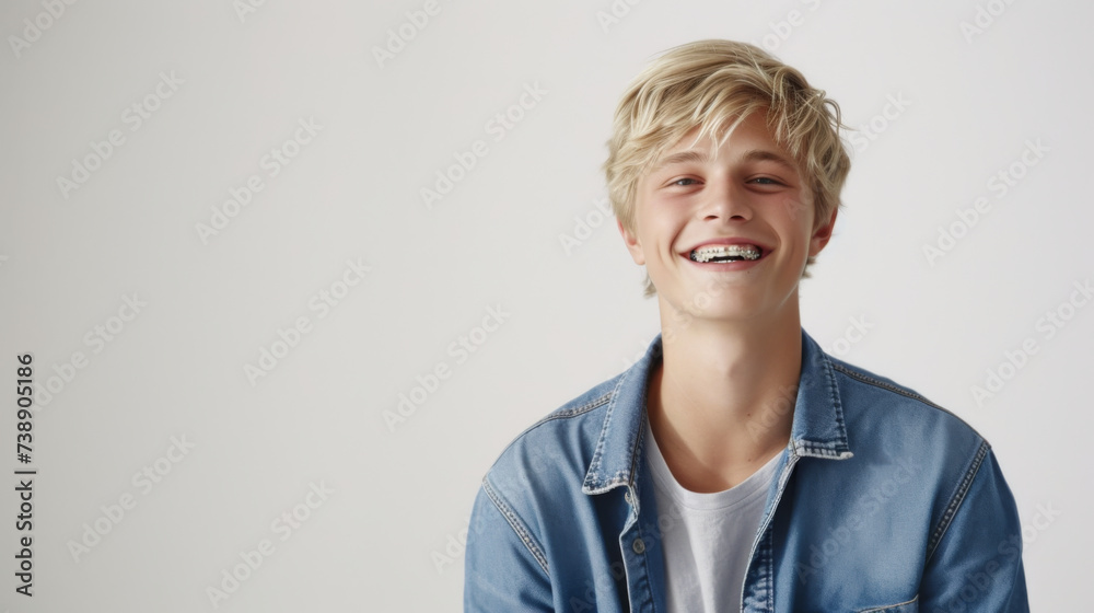 A joyous woman is laughing heartily, wearing a denim shirt and dental braces, showcasing a moment of pure happiness and exuberance. A joyous woman is laughing heartily, wearing a denim shirt and dental braces, showcasing a moment of pure happiness and exuberance.