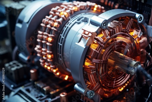 Close-up view of a transformer core in an industrial setting, surrounded by wires and other electrical components, highlighting the intricate design and function