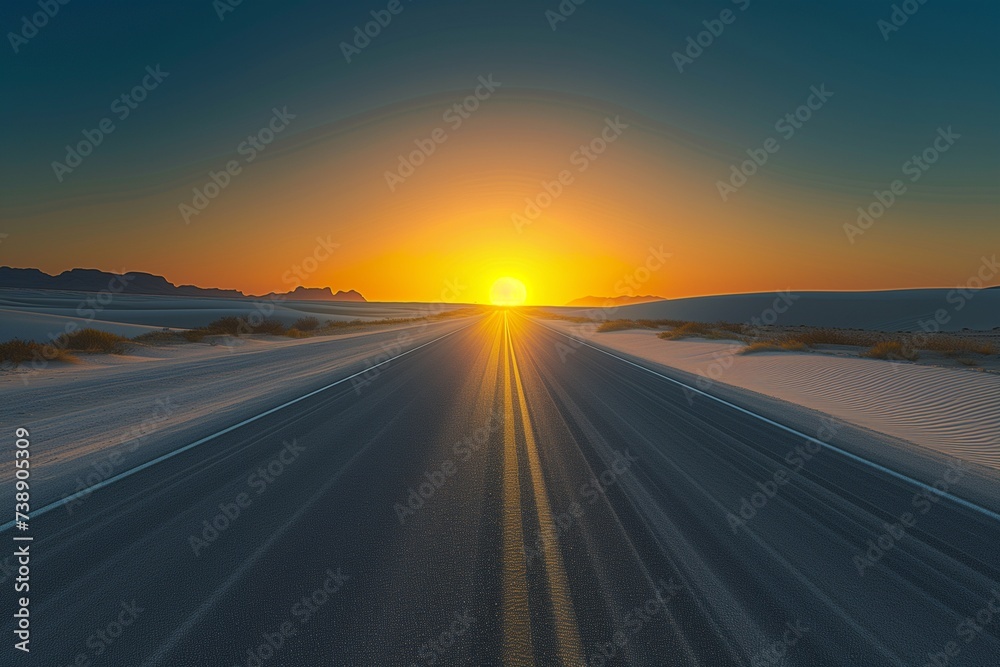 A deserted highway stretching towards a mesmerizing sunset in a barren desert, with the sun setting behind distant sand dunes. 