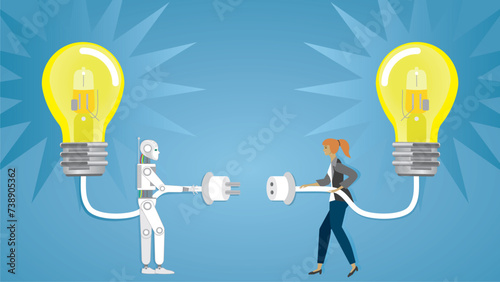 AI robot and woman, girl connecting their ideas. Teamwork with artificial intelligens. Dimension 16:9. Vector illustration. photo
