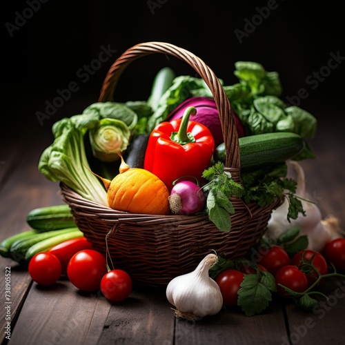 A basket full of fresh vegetables on a wooden table on a dark background. Generative AI.