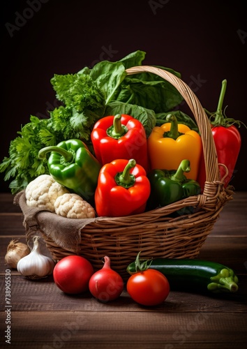 A basket full of fresh vegetables on a wooden table on a dark background. Generative AI.