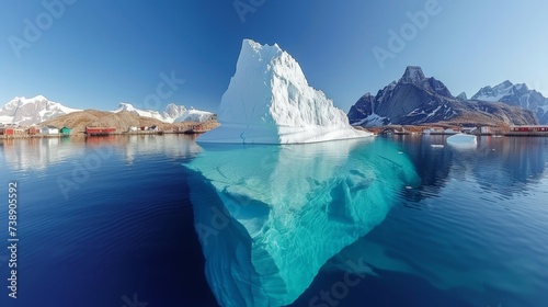 White iceberg floating in clear blue water, above and below view of glacier in ocean