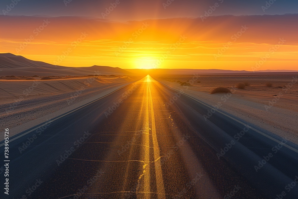 A deserted highway stretching towards a mesmerizing sunset in a barren desert, with the sun setting behind distant sand dunes. 