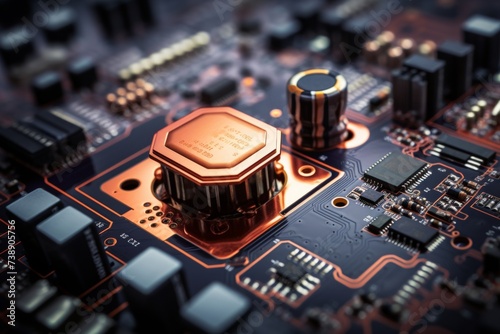 Close-up of a high-capacity capacitor on a circuit board, surrounded by other electronic components, against a blurred industrial background photo
