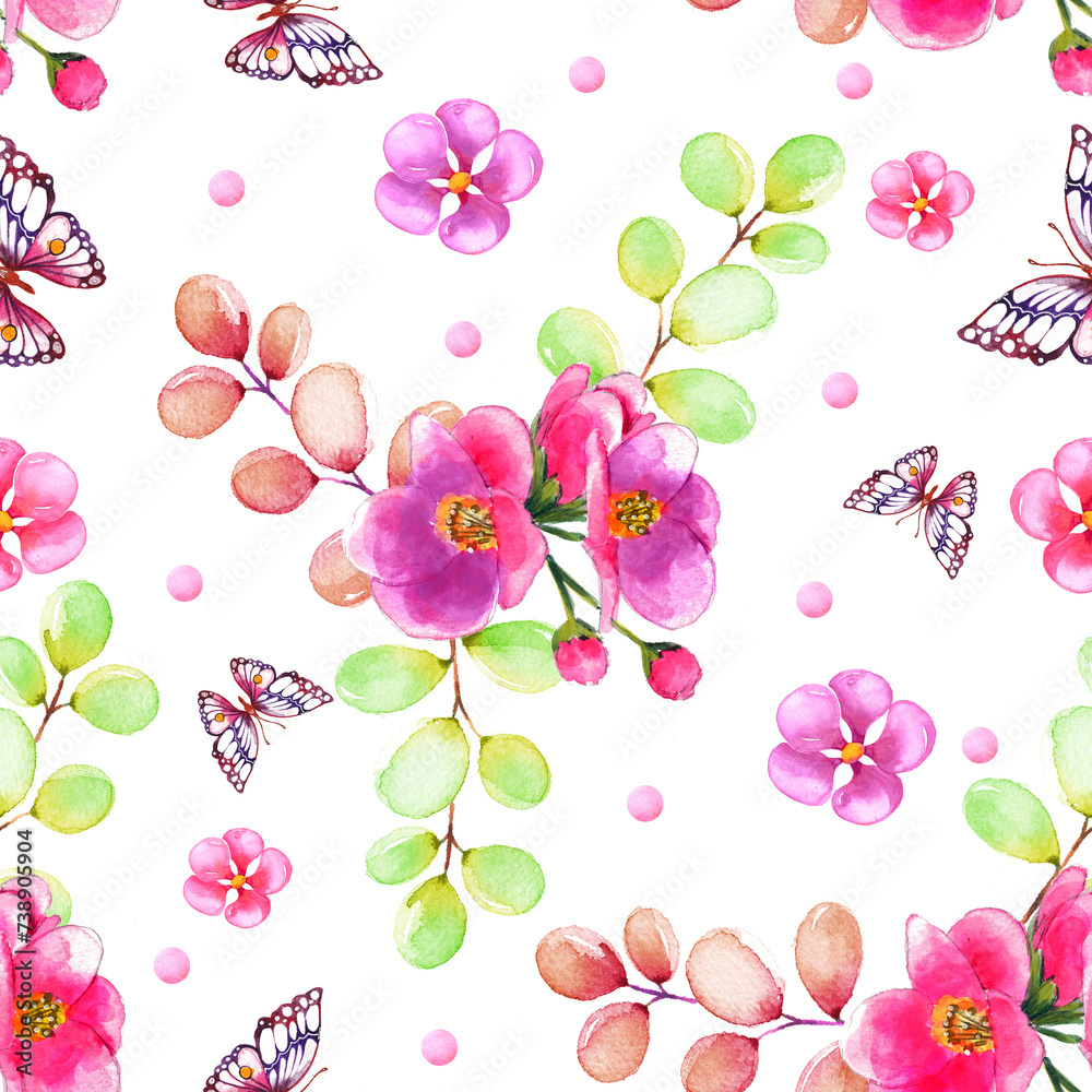 Watercolor seamless pattern with beautiful summer and spring flowers
