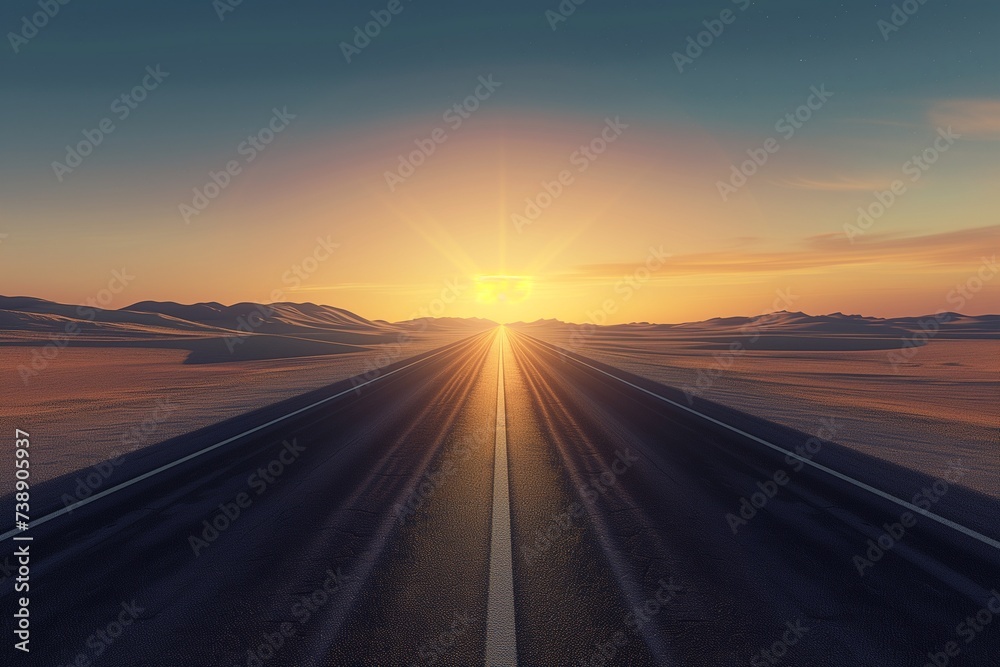 A deserted highway stretching towards a stunning sunrise in a barren desert, with the sun peeking over distant sand dunes. The lighting is serene and soft, illuminating the untouched desert landscape.